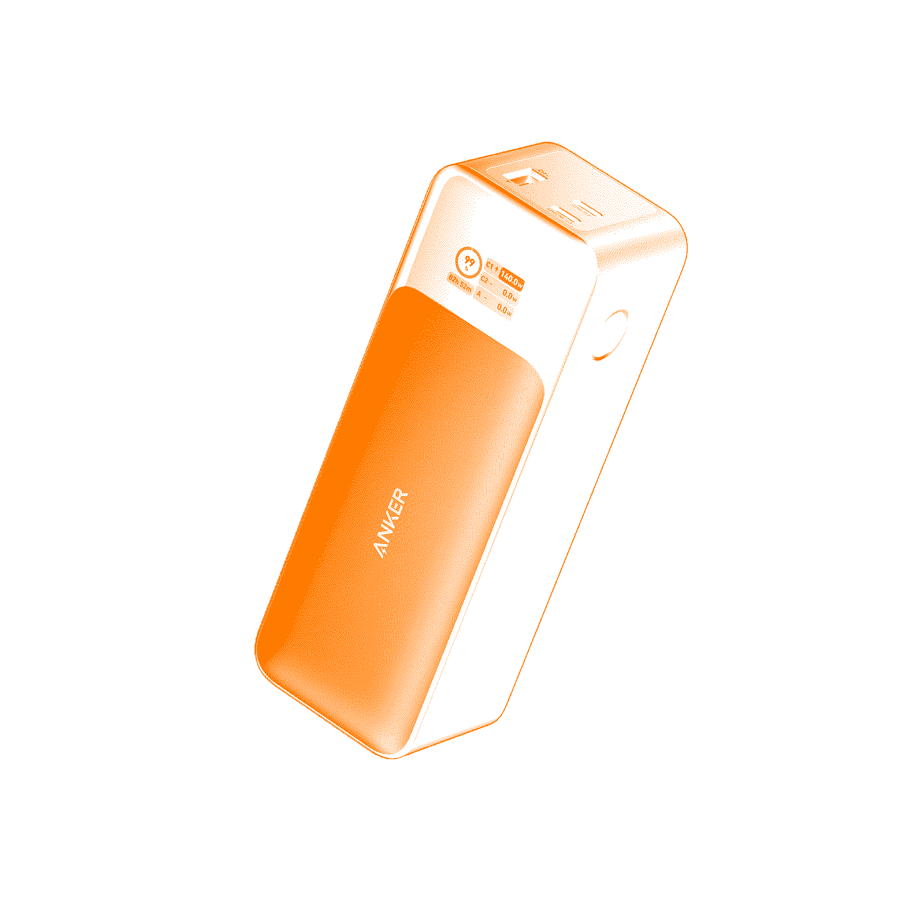 The Anker PowerCore 24K external battery. A black and grey square brick with a similar volume as a 330ml tall can. Has a small display on the front.